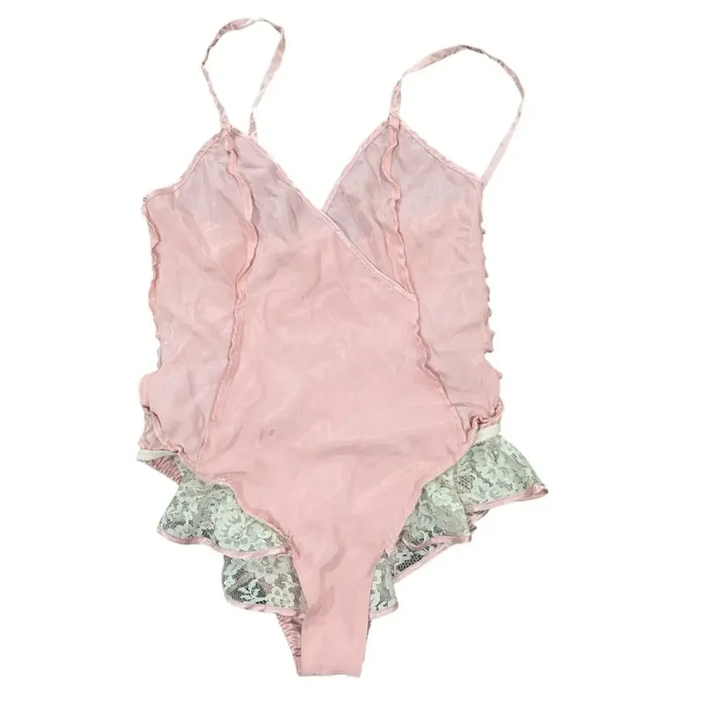 Vintage Victoria's Secret Gold Label Teddy Size P Pink Polyester Lace Lingerie